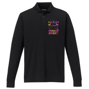 Like Monster Trucks Too Girl Monster Truck Performance Long Sleeve Polo