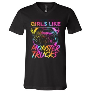 Like Monster Trucks Too Girl Monster Truck V-Neck T-Shirt