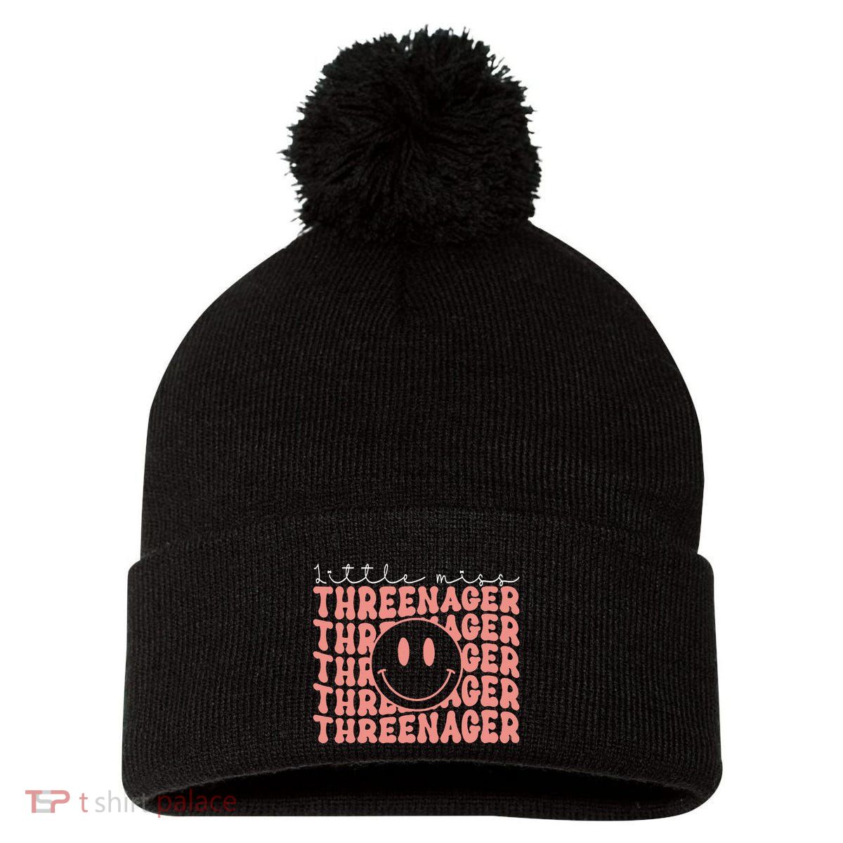 Little Miss Threenager 3rd birthday Boho Cute Pom Pom 12in Knit Beanie