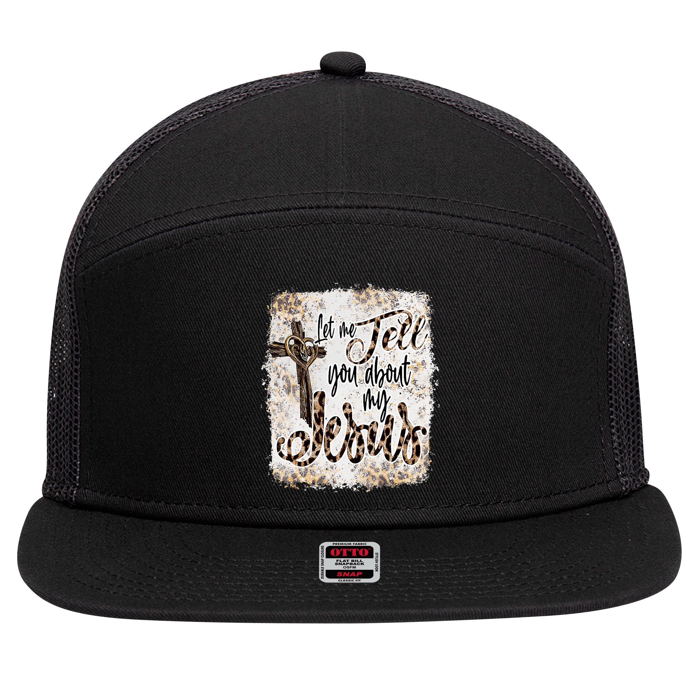 Let Me Tell You About My Jesus Leopard Bleached Bible 7 Panel Mesh Trucker Snapback Hat