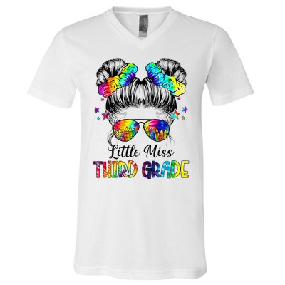 Little Miss Third Grade Messy Bun Back To School V-Neck T-Shirt