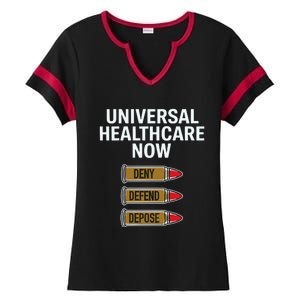 Luigi Mangione Universal Healthcare Now Deny Defend Depose Ladies Halftime Notch Neck Tee