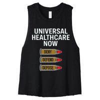 Luigi Mangione Universal Healthcare Now Deny Defend Depose Women's Racerback Cropped Tank