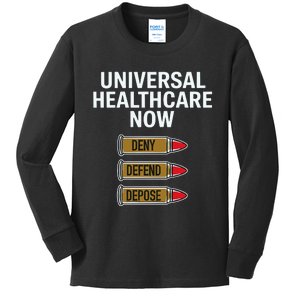 Luigi Mangione Universal Healthcare Now Deny Defend Depose Kids Long Sleeve Shirt