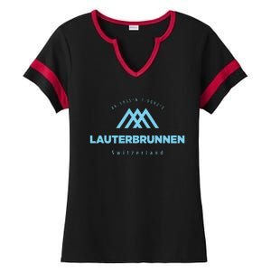 Lauterbrunnen Mountain Vacation Skiing Switzerland Ladies Halftime Notch Neck Tee