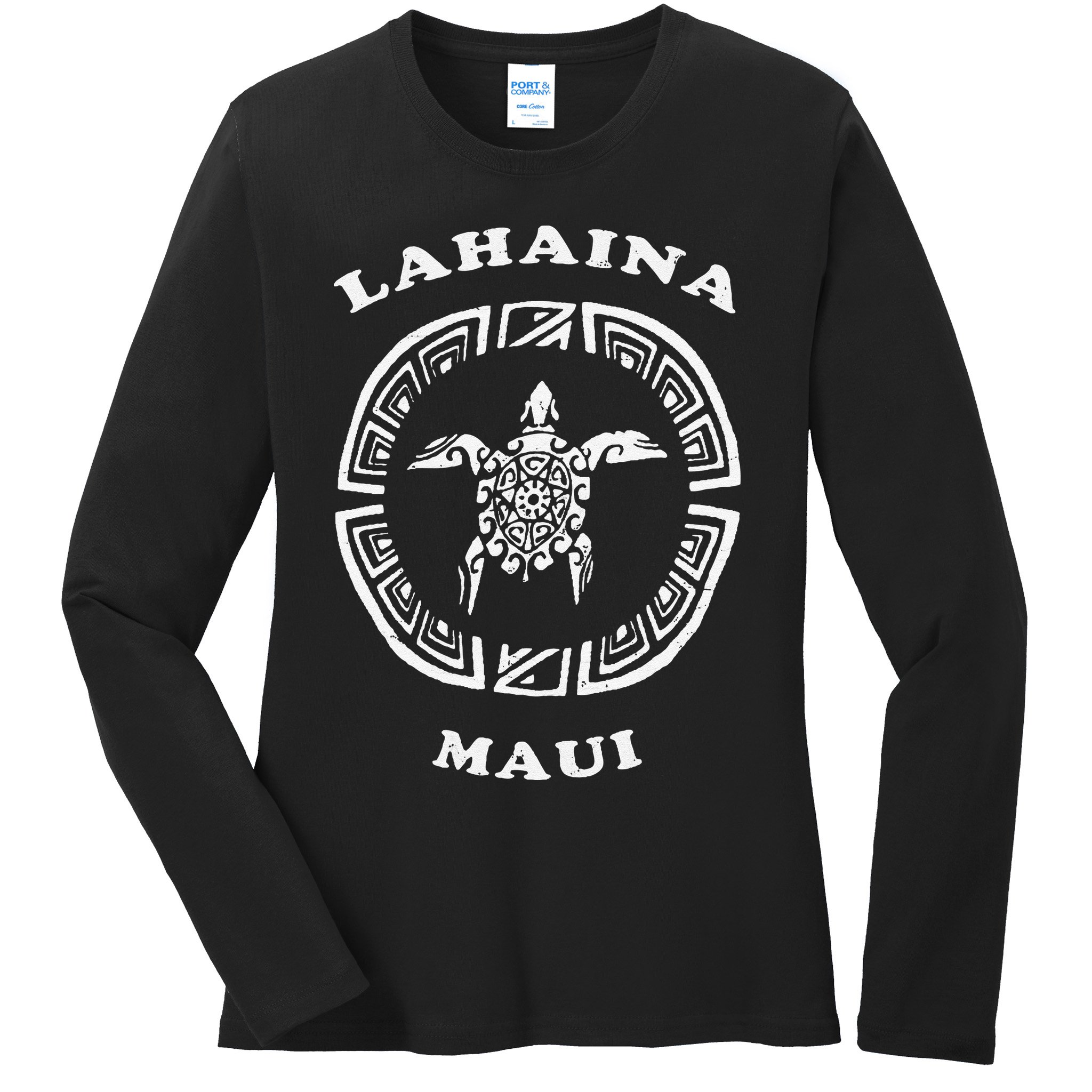 Lahaina Maui Vintage Retro Tribal Turtle Vacation Ladies Long Sleeve Shirt