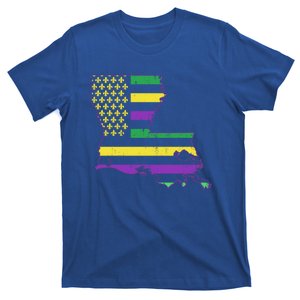 Louisiana Map With Mardi Gras Colors Us American Flag Great Gift T-Shirt