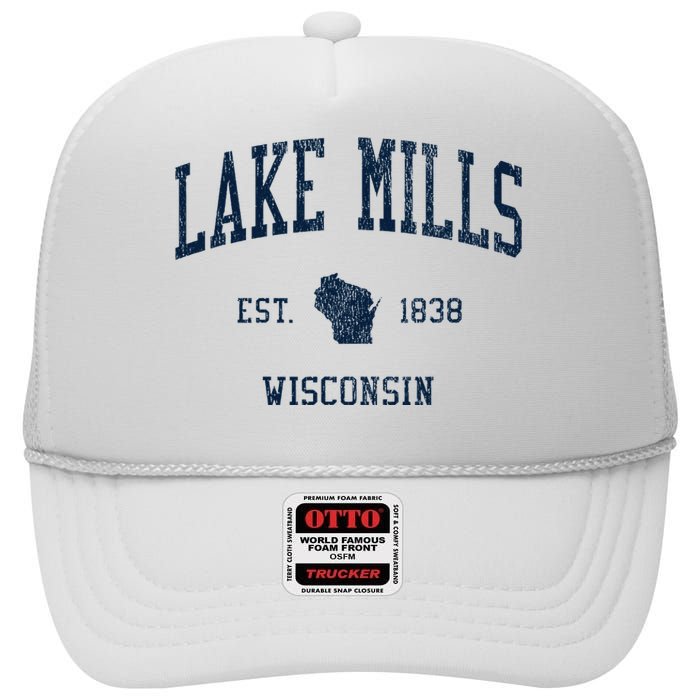 Lake Mills Wi Vintage Athletic Sports High Crown Mesh Back Trucker Hat