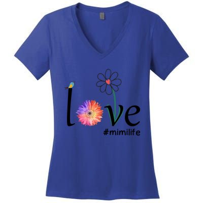 Love #Mimilife Watercolor Flower Bird Grandma Mother's Day Cool Gift Women's V-Neck T-Shirt