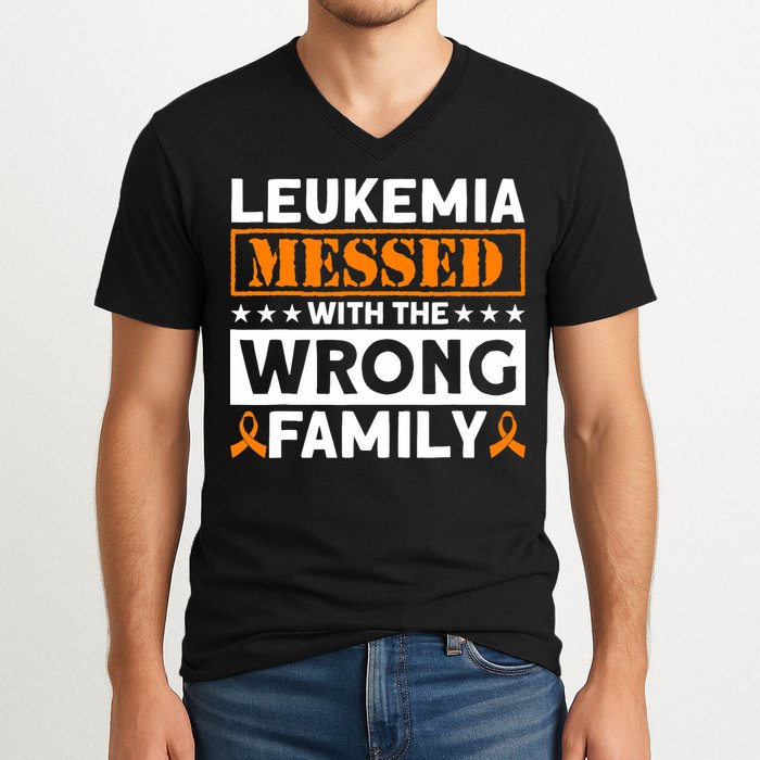 Leukemia Messed With The Wrong Family Leukemia Awareness V-Neck T-Shirt