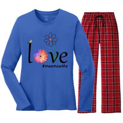 Love #Meemawlife Watercolor Flower Bird Grandma Mother's Day Gift Women's Long Sleeve Flannel Pajama Set 