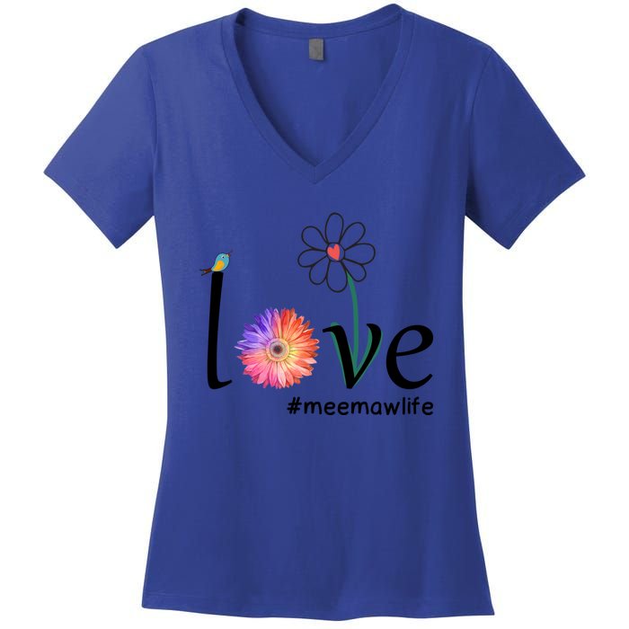 Love #Meemawlife Watercolor Flower Bird Grandma Mother's Day Gift Women's V-Neck T-Shirt