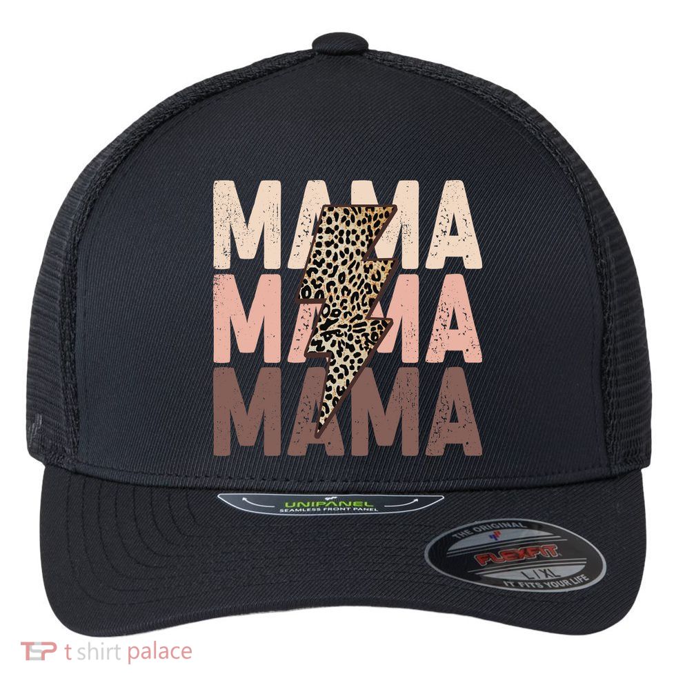Leopard Mama With Thunder Bolt Lightning Bolt Flexfit Unipanel Trucker Cap