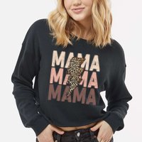 Leopard Mama With Thunder Bolt Lightning Bolt Cropped Pullover Crew