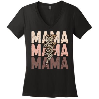 Leopard Mama With Thunder Bolt Lightning Bolt Women's V-Neck T-Shirt