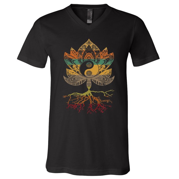 Lotus Mandala Yin Yang Sacred Geometry Spiritual V-Neck T-Shirt