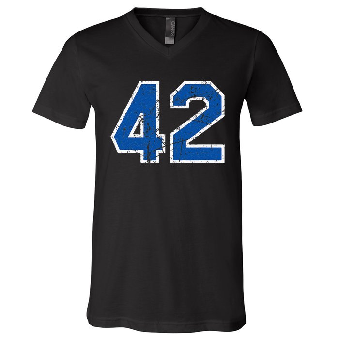 Lucky Number 42 Sports Jersey Birthday Vintage Blue White V-Neck T-Shirt