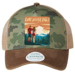 Love Never Fails Sunset Couple Legacy Tie Dye Trucker Hat