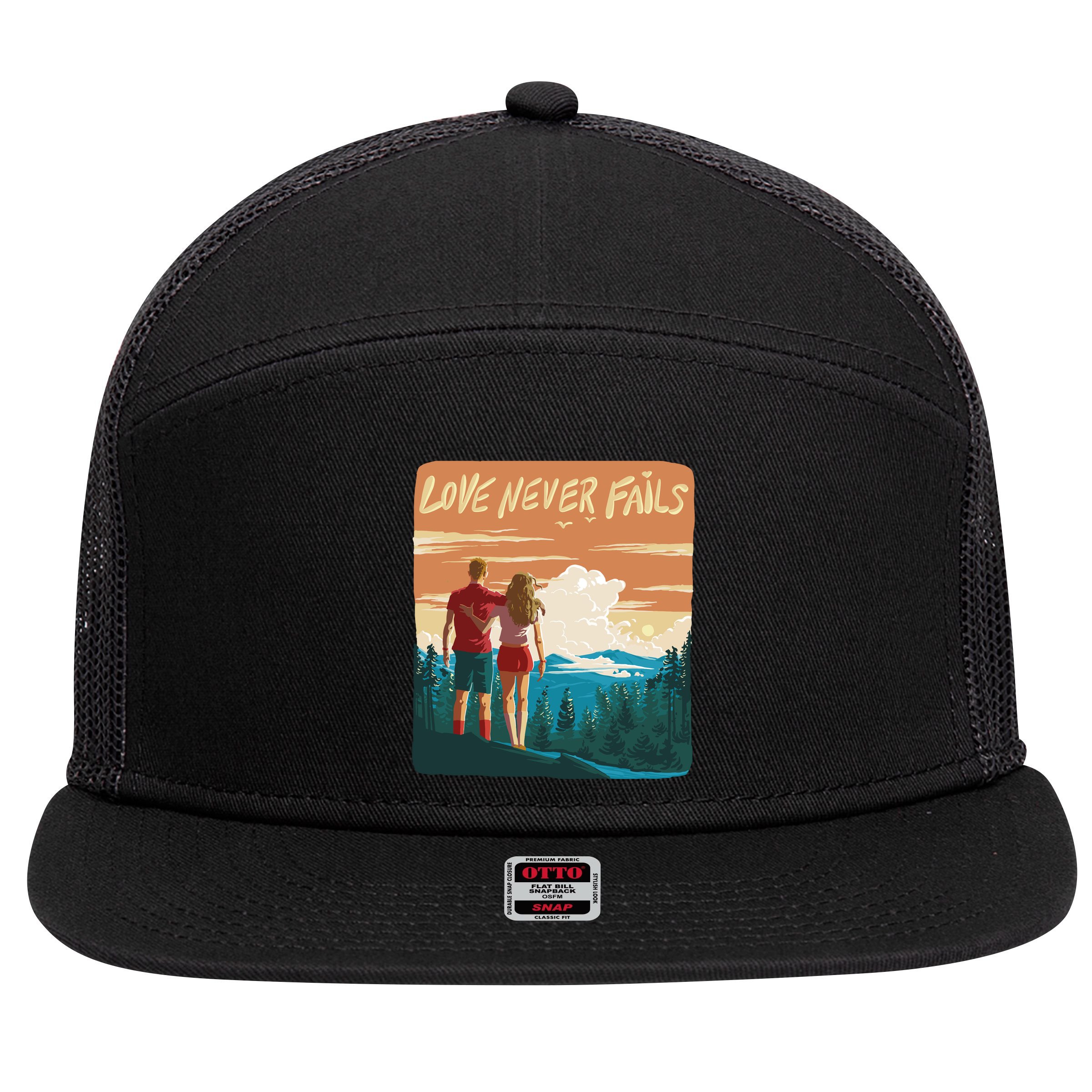 Love Never Fails Sunset Couple 7 Panel Mesh Trucker Snapback Hat