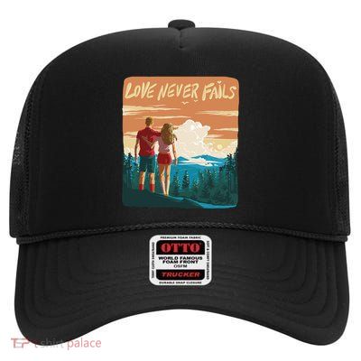 Love Never Fails Sunset Couple High Crown Mesh Back Trucker Hat