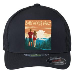 Love Never Fails Sunset Couple Flexfit Unipanel Trucker Cap