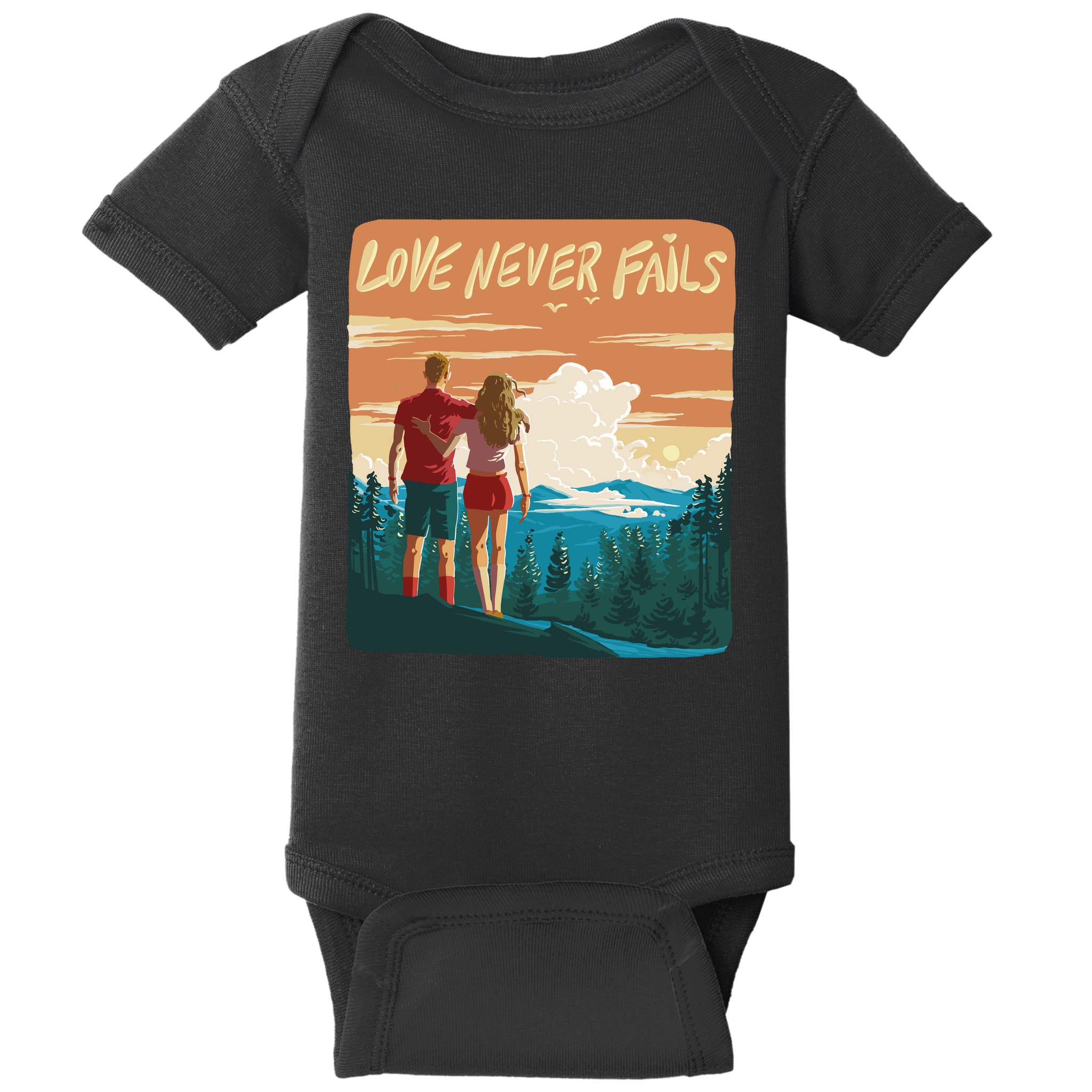 Love Never Fails Sunset Couple Baby Bodysuit