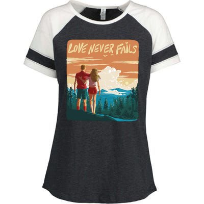 Love Never Fails Sunset Couple Enza Ladies Jersey Colorblock Tee