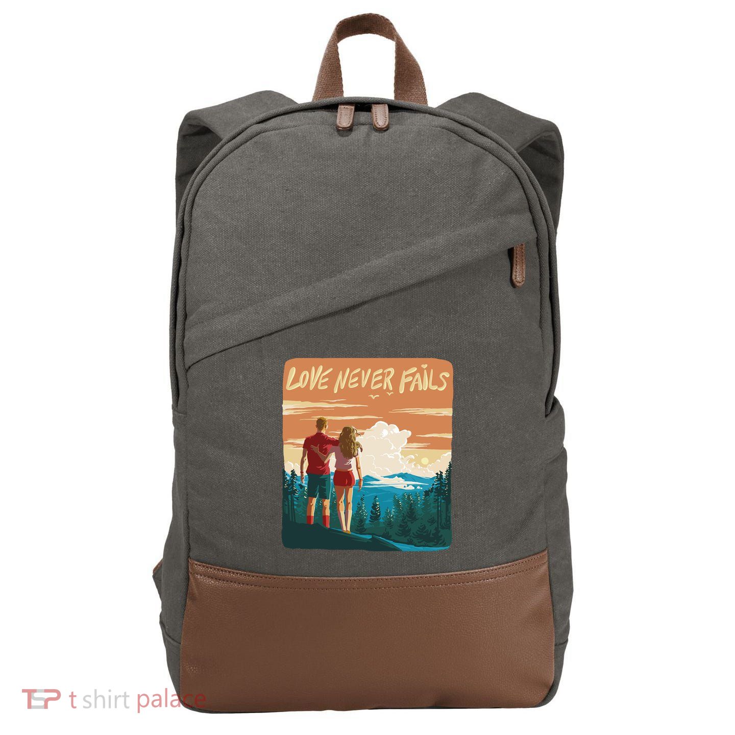 Love Never Fails Sunset Couple Cotton Canvas Backpack