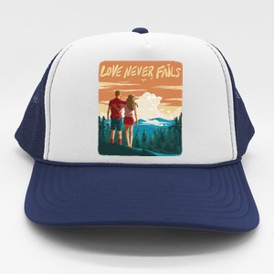 Love Never Fails Sunset Couple Trucker Hat