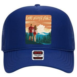 Love Never Fails Sunset Couple High Crown Mesh Back Trucker Hat