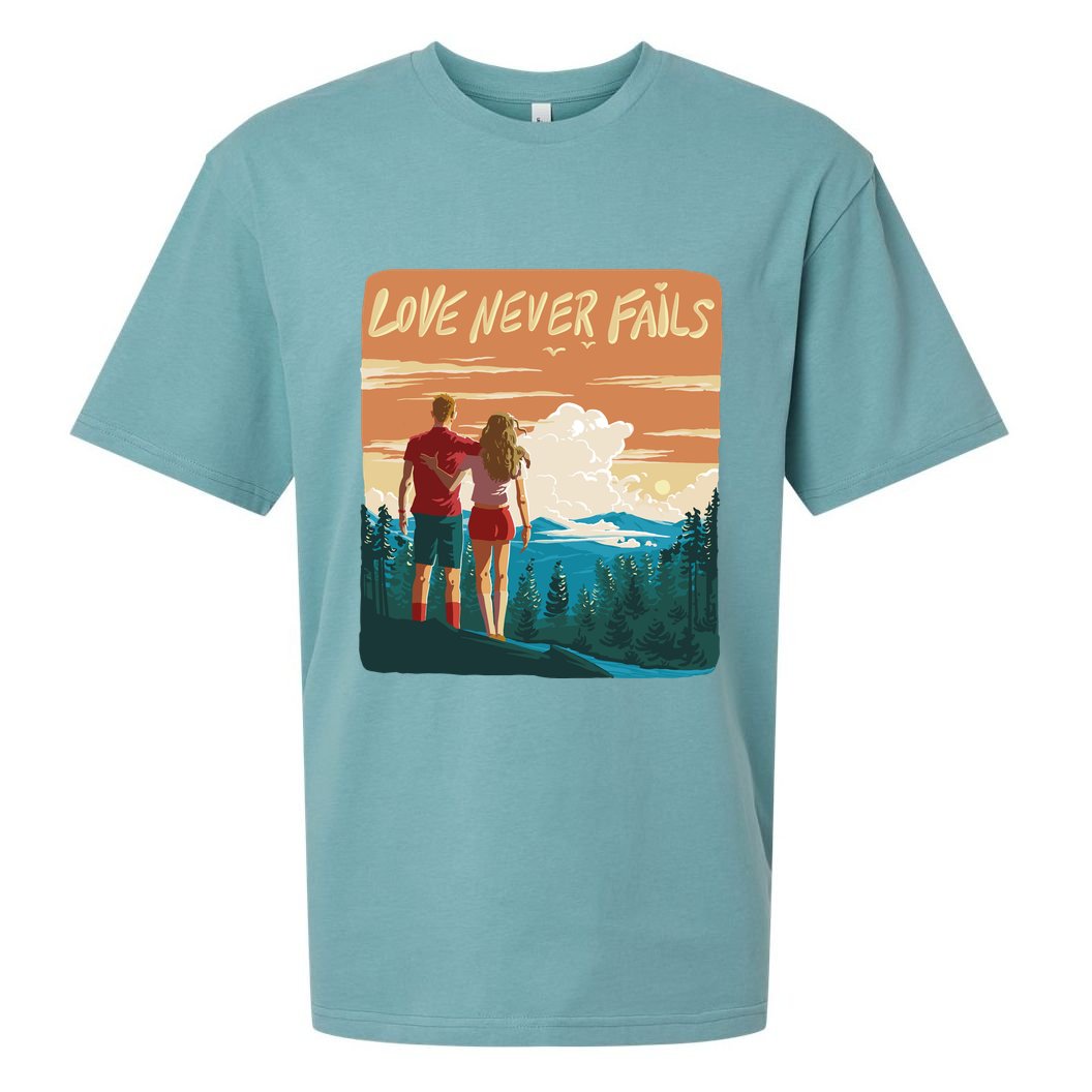 Love Never Fails Sunset Couple Sueded Cloud Jersey T-Shirt