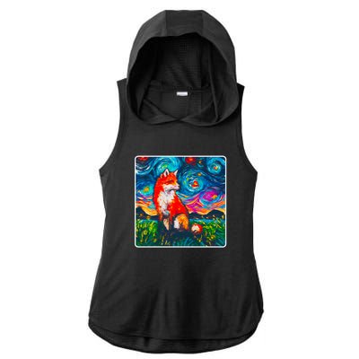 Lupine Night Fox Starry Night Art Painting Ladies PosiCharge Tri-Blend Wicking Draft Hoodie Tank