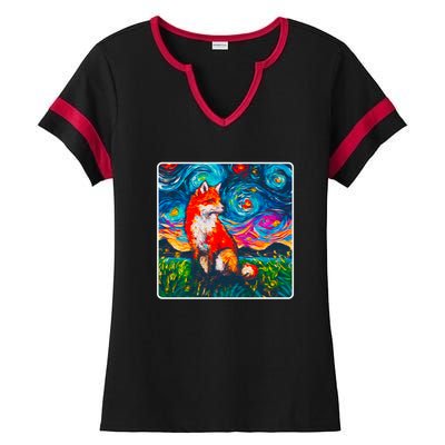 Lupine Night Fox Starry Night Art Painting Ladies Halftime Notch Neck Tee