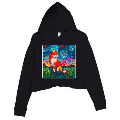 Lupine Night Fox Starry Night Art Painting Crop Fleece Hoodie