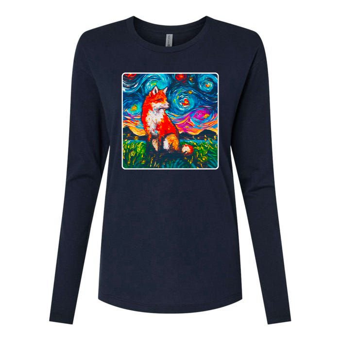 Lupine Night Fox Starry Night Art Painting Womens Cotton Relaxed Long Sleeve T-Shirt