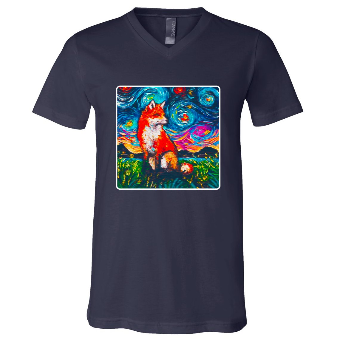 Lupine Night Fox Starry Night Art Painting V-Neck T-Shirt