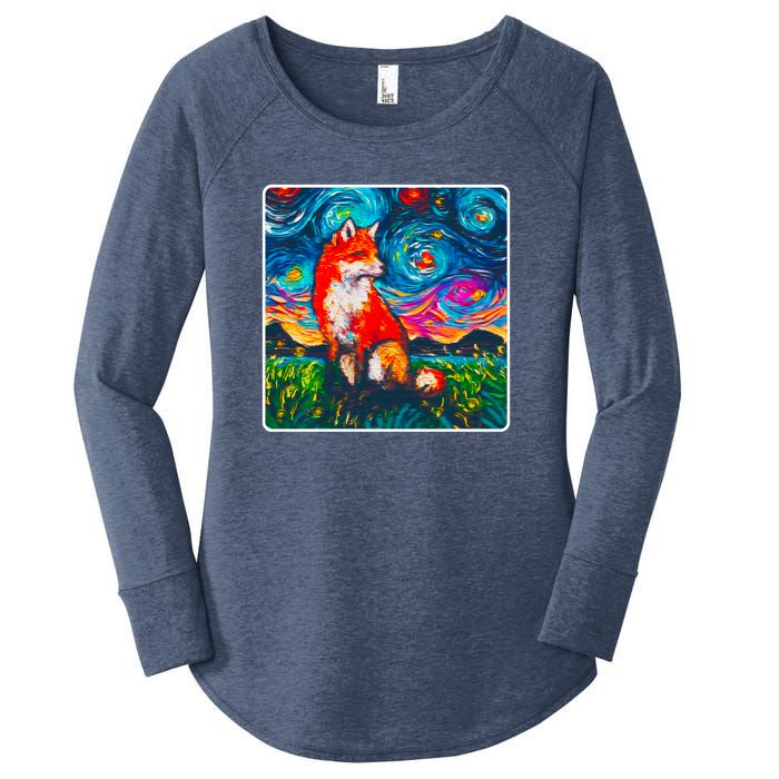 Lupine Night Fox Starry Night Art Painting Women's Perfect Tri Tunic Long Sleeve Shirt