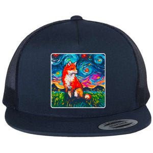 Lupine Night Fox Starry Night Art Painting Flat Bill Trucker Hat