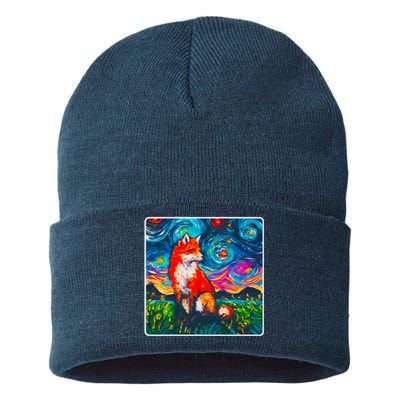 Lupine Night Fox Starry Night Art Painting Sustainable Knit Beanie