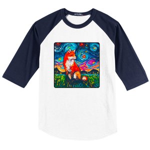 Lupine Night Fox Starry Night Art Painting Baseball Sleeve Shirt