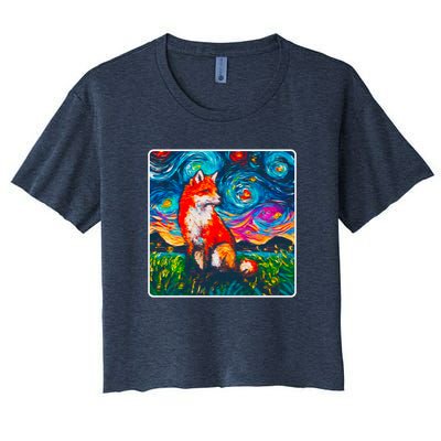 Lupine Night Fox Starry Night Art Painting Women's Crop Top Tee