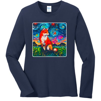 Lupine Night Fox Starry Night Art Painting Ladies Long Sleeve Shirt