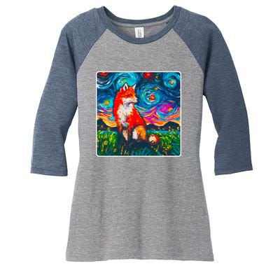 Lupine Night Fox Starry Night Art Painting Women's Tri-Blend 3/4-Sleeve Raglan Shirt