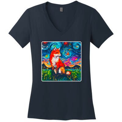 Lupine Night Fox Starry Night Art Painting Women's V-Neck T-Shirt