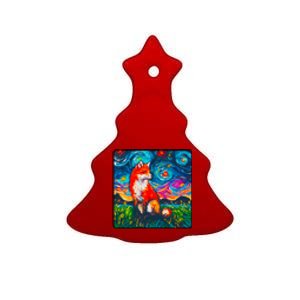 Lupine Night Fox Starry Night Art Painting Ceramic Tree Ornament