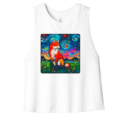 Lupine Night Fox Starry Night Art Painting Women's Racerback Cropped Tank