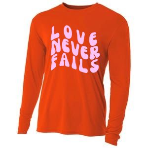 Love Never Fails Cute Gift Casual Back Letter Valentines Day Faith Gift Cooling Performance Long Sleeve Crew