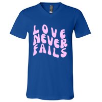 Love Never Fails Cute Gift Casual Back Letter Valentines Day Faith Gift V-Neck T-Shirt