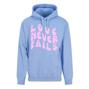 Love Never Fails Cute Gift Casual Back Letter Valentines Day Faith Gift Unisex Surf Hoodie