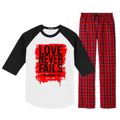 Love Never Fails Valentines Day Christian Faith Bible Verse Cool Gift Raglan Sleeve Pajama Set